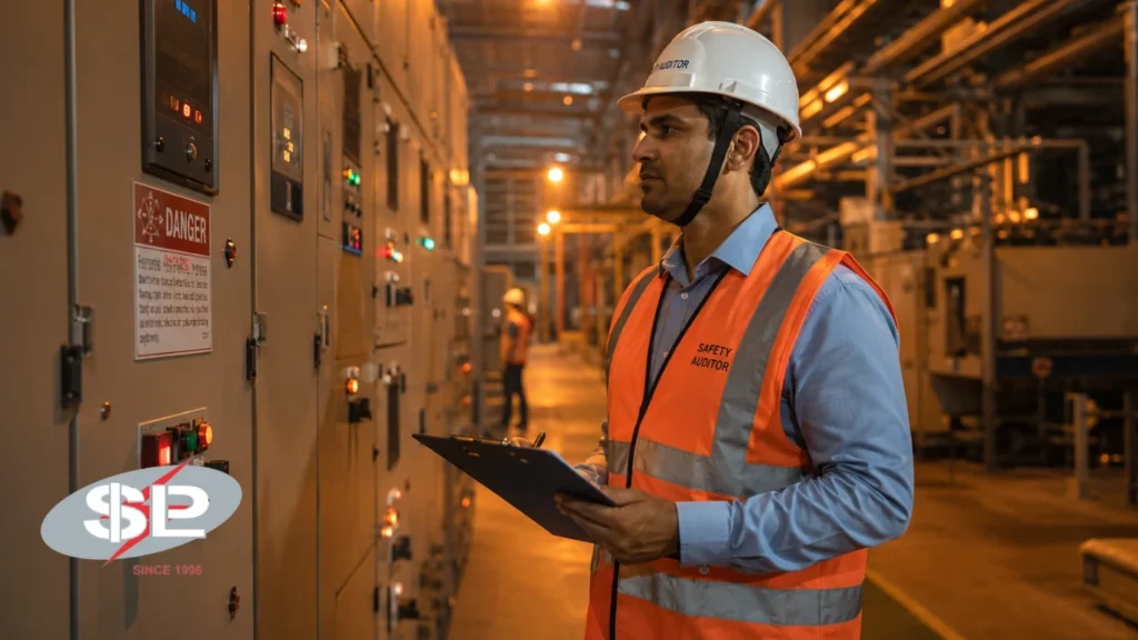Fire safety audit of an industrial facility assessing escape routes, containment and suppression equipment
